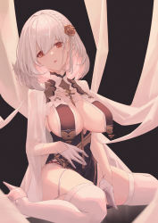 Rule 34 | 1girl, azur lane, black background, braid, breast curtains, breasts, china dress, chinese clothes, cleavage, dress, flower, garter straps, gloves, grey dress, hair between eyes, hair flower, hair ornament, half gloves, high heels, large breasts, looking at viewer, parted lips, pelvic curtain, red eyes, revealing clothes, short hair, sideboob, simple background, sirius (azur lane), sirius (azure horizons) (azur lane), sitting, solo, thighhighs, thighs, wariza, white footwear, white hair, white thighhighs, whitem (whiteemperor2020)