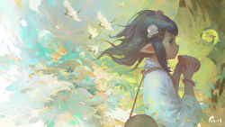 Rule 34 | 1girl, abstract background, artist name, bag, bird, black hair, blue eyes, bracelet, bubble, clothing request, commentary request, copyright request, crane (animal), deer, elf, english text, fish, flower, hair flower, hair ornament, highres, instrument request, jewelry, multicolored hair, pointy ears, shoulder bag, water, wenjun lin