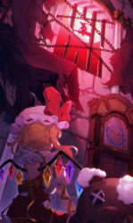 Rule 34 | 1girl, arm ribbon, back cutout, bars, blonde hair, broom, chain, chinese commentary, clock, clothing cutout, commentary, crack, crystal, curtains, flandre scarlet, from behind, grandfather clock, hat, highres, indoors, kirisame marisa, ling huanxiang, mob cap, red skirt, red vest, ribbon, shirt, short hair with long locks, short sleeves, side ponytail, silhouette, sitting, skirt, solo focus, stuffed animal, stuffed toy, stuffing, teddy bear, touhou, upper body, vest, white headwear, white shirt, wings, yellow ribbon