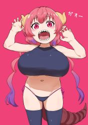 Rule 34 | 1girl, black thighhighs, breasts, claw pose, dragon girl, dragon horns, dragon tail, highres, horns, huge breasts, ilulu (maidragon), kobayashi-san chi no maidragon, looking at viewer, open mouth, osame, panties, pink background, pointy ears, sharp teeth, shortstack, skindentation, slit pupils, solo, string panties, tail, teeth, thighhighs, underwear, yellow horns