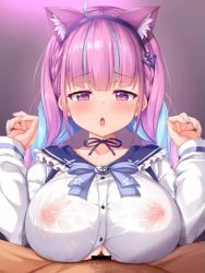 Rule 34 | 1boy, 1girl, ahoge, animal ears, animated, bar censor, blue hair, blush, bouncing breasts, braid, breasts, cat ears, censored, collarbone, hairband, hands up, hololive, kuragari, large breasts, live2d, looking at viewer, lowres, male pubic hair, minato aqua, nail polish, neck ribbon, nipples, open mouth, paizuri, paizuri under clothes, penis, pink eyes, pink hair, pov, pov crotch, pubic hair, ribbon, sailor, shirt, video, virtual youtuber, wet, wet clothes, wet shirt, white shirt
