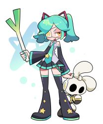 Rule 34 | alternate costume, annie (skullgirls), boots, coffeelove, cosplay, detached sleeves, eyepatch, full body, green hair, green nails, half-closed eyes, hatsune miku, hatsune miku (cosplay), headphones, highres, kagamine len, kagamine len (cosplay), nail polish, necktie, open mouth, sagan (skullgirls), skirt, skullgirls, smile, spring onion, standing, thigh boots, twintails, vocaloid, white background, wide sleeves, yellow eyes
