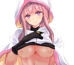 Rule 34 | 1girl, aged up, alternate breast size, black gloves, blunt bangs, bodystocking, breasts, bustier, cloak, clothes lift, covered erect nipples, gloves, hand on own chest, head tilt, hood, hood up, hooded cloak, long hair, looking at viewer, magia record: mahou shoujo madoka magica gaiden, magical girl, mahou shoujo madoka magica, medium breasts, nipples, pink hair, purple eyes, putimaxi, see-through, shirt lift, sidelocks, smile, solo, tamaki iroha, turtleneck, upper body