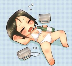 Rule 34 | 1girl, barefoot, beer bottle, beer mug, bikini, black hair, blue background, bottle, breasts, chibi, chouno ami, cleavage, closed eyes, commentary, cup, drunk, facing viewer, from above, front-tie bikini top, front-tie top, girls und panzer, holding, holding bottle, lying, medium breasts, mug, navel, on back, plaid, plaid background, saliva, sankuma, shadow, short hair, solo, spill, swept bangs, swimsuit, white bikini