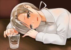 Rule 34 | 1girl, asymmetrical hair, blouse, blush, breasts, chitose (kancolle), cup, drinking glass, drunk, glass, grey eyes, grey hair, hair ribbon, head on table, kantai collection, large breasts, looking at viewer, lying, ponytail, ribbon, shirt, smile, table, white shirt