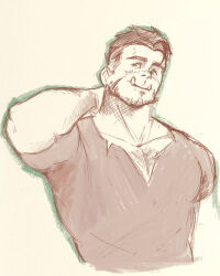 Rule 34 | 1boy, arm around neck, bara, beard stubble, blush, brown theme, chest hair peek, cropped torso, facial hair, green eyes, highres, light smile, looking at viewer, male focus, mature male, muscular, muscular male, orc, original, pectoral cleavage, pectorals, rradius art, short hair, shy, sketch, solo, sparse chest hair, spot color, stubble, thick eyebrows, tusks