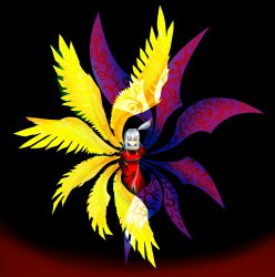 Rule 34 | 1girl, absurdres, blue eyes, capelet, cosplay, dark background, demon wings, grey hair, hair bobbles, hair ornament, highres, lucifer (megami tensei), lucifer (shin megami tensei) (cosplay), purple wings, shin megami tensei, shinki (touhou), solo, touhou, touhou (pc-98), wings, yellow wings