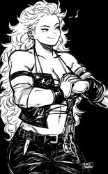 Rule 34 | 1girl, abs, artist request, blush, breasts, dorohedoro, earrings, gloves, hair ornament, highres, jewelry, large breasts, long hair, looking at viewer, monochrome, muscular, muscular female, navel, noi (dorohedoro), red eyes, simple background, smile, solo, white hair