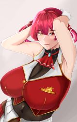 Rule 34 | 1girl, absurdres, armpits, arms behind head, bad id, bad pixiv id, breasts, brooch, brown leotard, cleavage, frilled shirt collar, frills, gloves, gold trim, hair ribbon, heterochromia, highres, hololive, houshou marine, jacket, jewelry, karma3009, large breasts, leotard, looking at viewer, red eyes, red hair, red jacket, red neckwear, ribbon, see-through, see-through cleavage, self-upload, simple background, sleeveless, sleeveless jacket, solo, standing, twintails, virtual youtuber, yellow eyes