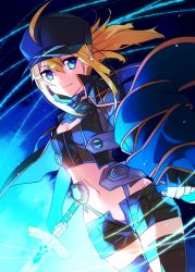 Rule 34 | 1girl, ahoge, aqua eyes, artoria pendragon (all), artoria pendragon (fate), baseball cap, black shorts, black thighhighs, blonde hair, blue eyes, blue gloves, blue hat, blue jacket, blue panties, blue scarf, bow, breasts, cape, cleavage, cowboy shot, dual wielding, dutch angle, excalibur (fate/stay night), excalibur morgan (fate), fate/grand order, fate (series), fingerless gloves, gloves, groin, gym uniform, hair bow, hat, highleg, highleg panties, holding, holding sword, holding weapon, jacket, jianmo sl, long hair, long sleeves, looking at viewer, midriff, mysterious heroine x (fate), mysterious heroine x (third ascension) (fate), navel, open clothes, open shorts, panties, ponytail, rojiura satsuki : chapter heroine sanctuary, saber (fate), scarf, short shorts, shorts, sidelocks, small breasts, smile, solo, standing, stomach, sword, thighhighs, track jacket, underwear, visor cap, weapon, wristband