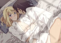 Rule 34 | 2girls, amazuki jou, andou (girls und panzer), arm grab, bed, bed sheet, black hair, blonde hair, blue eyes, blush, bottomless, breasts, cleavage, closed mouth, commentary, cuddling, dark-skinned female, dark skin, dress shirt, eyelashes, from above, girls und panzer, light frown, lying, medium breasts, medium hair, messy hair, multiple girls, naked shirt, on back, on bed, on side, open clothes, open shirt, oshida (girls und panzer), pillow, shirt, white shirt, wing collar, yuri