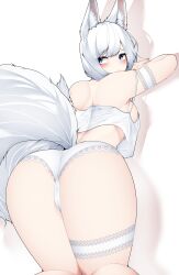 Rule 34 | 1girl, absurdres, animal ear fluff, animal ears, arm strap, ass, azur lane, back, bare arms, bare shoulders, blue eyes, blush, breasts, camisole, commentary, dated commentary, fox ears, fox girl, fox tail, from behind, highres, kaga (azur lane), large breasts, looking at viewer, multiple tails, off shoulder, panties, samip, shadow, short hair, simple background, smile, solo, tail, thigh strap, thighs, underwear, underwear only, white background, white camisole, white hair, white panties