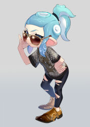 Rule 34 | 1girl, black leggings, blue eyes, blue hair, brown footwear, closed mouth, commentary request, eyelashes, full body, grey background, hand on own hip, highres, leaning forward, leggings, medium hair, miruyatudesu, nintendo, octoling, octoling girl, octoling player character, pants, ponytail, shoes, simple background, smile, solo, splatoon (series), standing, sunglasses, tentacle hair, torn clothes, torn pants, yellow-framed eyewear