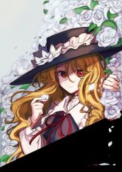 Rule 34 | blonde hair, breasts, brown headwear, brown vest, collared shirt, flower, frilled hat, frilled shirt collar, frilled sleeves, frills, hat, hat flower, highres, jacket girl (dipp), leaf, long hair, long sleeves, looking at viewer, puffy sleeves, red eyes, red ribbon, ribbon, rose, shirt, small breasts, touhou, upper body, uzumibi, very long hair, vest, wavy hair, white flower, white rose, white shirt