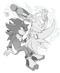 Rule 34 | !, 2boys, animal ears, animal nose, body fur, boots, bracelet, closed mouth, commentary request, crossed arms, flying, furry, furry male, gloves, greyscale, hand up, hedgehog, hedgehog ears, hedgehog tail, jewelry, looking at another, male focus, monochrome, multiple boys, open mouth, shadow the hedgehog, silver the hedgehog, simple background, sitting, sk rokuro, sonic (series), speech bubble, tail, two-tone fur