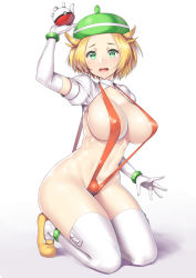 Rule 34 | 1girl, bianca (pokemon), blonde hair, blush, breasts, cleavage, covered erect nipples, creatures (company), elbow gloves, game freak, gloves, green eyes, hat, kneeling, large breasts, looking at viewer, nagase haruhito, nintendo, open mouth, poke ball, poke ball (basic), pokemon, short hair, shrug (clothing), sideboob, slingshot swimsuit, solo, swimsuit, thighhighs, white thighhighs
