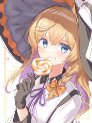 Rule 34 | 1girl, absurdres, ameria (artist), black gloves, black hat, blonde hair, blue eyes, blush, bow, braid, candy, commentary, food, gloves, hair between eyes, hair bow, halloween, hat, highres, holding, holding candy, holding food, holding lollipop, kirisame marisa, lollipop, long hair, looking at viewer, neck ribbon, orange bow, purple ribbon, ribbon, shirt, single braid, smile, solo, suspenders, touhou, twitter username, upper body, white shirt, witch hat