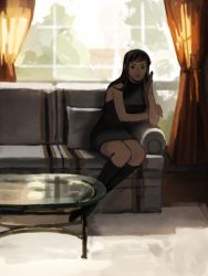 Rule 34 | 1girl, black hair, boots, cartains, couch, nico robin, one piece, pillow, sitting, solo, table, window