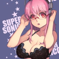 Rule 34 | 1girl, :o, bespectacled, bra, breasts, cleavage, glasses, headphones, large breasts, long hair, looking at viewer, lowres, nitroplus, open mouth, pink hair, red eyes, solo, super sonico, underwear, yuksi