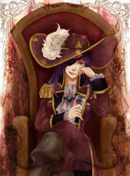 Rule 34 | 1990s (style), 1girl, alcohol, androgynous, boots, chair, ascot, cup, drinking glass, eyepatch, faris scherwiz, final fantasy, final fantasy v, glass, green eyes, hat, hat feather, long hair, pirate, pirate hat, purple hair, reverse trap, sitting, solo, wine, wine glass, yusoson
