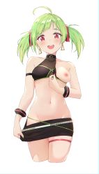Rule 34 | 1girl, :d, absurdres, ahoge, arm strap, bare shoulders, black shirt, black skirt, bracelet, breasts, clothes pull, commission, crop top, cropped legs, delutaya, earrings, envyvanity, green hair, hair ornament, highres, indie virtual youtuber, jewelry, long hair, looking at viewer, midriff, miniskirt, mole, mole under eye, nail polish, navel, nipples, no panties, open mouth, red eyes, shirt, simple background, skindentation, skirt, skirt pull, sleeveless, sleeveless shirt, small breasts, smile, solo, stomach, thigh strap, twintails, virtual youtuber, white background