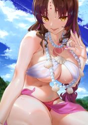 Rule 34 | 1girl, absurdres, bare shoulders, bikini, black hair, blue sky, blush, bracelet, braid, breasts, chest tattoo, cleavage, facial mark, fate/grand order, fate (series), flower, forehead mark, hair flower, hair ornament, highres, jewelry, large breasts, long hair, looking at viewer, multicolored hair, navel, necklace, nox13, parted bangs, pearl bracelet, pearl necklace, pink hair, sarong, sessyoin kiara, sessyoin kiara (swimsuit mooncancer), sessyoin kiara (swimsuit mooncancer) (first ascension), shell, shell necklace, sky, smile, streaked hair, swimsuit, tattoo, thighs, tongue, tongue out, twin braids, very long hair, wet, white bikini, yellow eyes