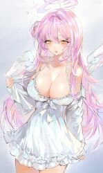 Rule 34 | 1girl, :o, absurdres, alternate costume, blue archive, blush, breasts, cleavage, dress, empire waist, feathered wings, hair bun, halo, highres, large breasts, lee0124, long hair, looking at viewer, mika (blue archive), pink hair, shirt, simple background, single side bun, sleeveless, sleeveless dress, solo, very long hair, white dress, white shirt, white wings, wings
