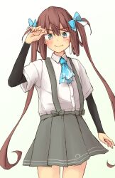Rule 34 | 1girl, blue ribbon, brown hair, character request, collared shirt, grey eyes, grey skirt, hair ribbon, highres, kantai collection, long hair, po0000000000, ribbon, shirt, short sleeves, skirt, suspender skirt, suspenders, twintails, white shirt