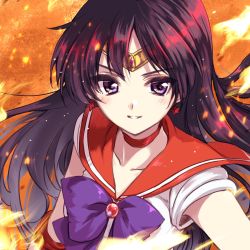 Rule 34 | 1girl, bishoujo senshi sailor moon, black hair, bow, choker, commentary, earrings, elbow gloves, fire, fire, gloves, highres, hino rei, inner senshi, jewelry, kuroi mimei, leotard, long hair, looking at viewer, magical girl, parted lips, portrait, purple bow, purple eyes, red choker, red sailor collar, sailor collar, sailor mars, sailor senshi, sailor senshi uniform, smile, solo, star (symbol), star earrings, tiara, white leotard
