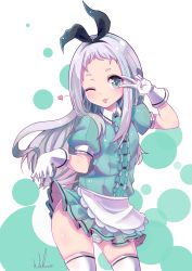 Rule 34 | 1boy, ;p, aqua eyes, blend s, blush, bulge, clothes lift, cowboy shot, crossdressing, dress, frills, gloves, hairband, heart, highres, kanzaki hideri, long hair, looking at viewer, male focus, one eye closed, panties, pleated skirt, puffy short sleeves, puffy sleeves, salute, short sleeves, signature, silver hair, skirt, skirt lift, striped clothes, striped panties, teasing, thighhighs, tongue, tongue out, trap, two-finger salute, underwear, v, v over eye, wuhuo