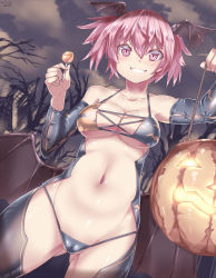 Rule 34 | 1girl, bat wings, breasts, candy, food, grin, halloween, head wings, large breasts, medium breasts, navel, partially visible vulva, silver bell (artist), smile, solo, wings