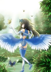 Rule 34 | 1girl, absurdres, ass, bird wings, black hair, blue eyes, blush, bodysuit, boots, bow, bug, butterfly, day, eiyuu, eiyuu (eiyuu04), elbow gloves, forest, from behind, gloves, highres, bug, leotard, long hair, low wings, nature, original, outdoors, ribbon, smile, solo, thigh boots, thighhighs, wings