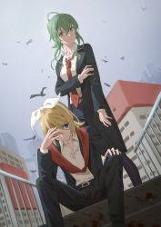 Rule 34 | 2girls, ahoge, bird, black pants, black suit, blonde hair, blue eyes, bow, building, city, dutch angle, expressionless, formal, from below, green eyes, green hair, gumi, hair bow, hand on own arm, hand on own face, hand on own knee, handrail, highres, jacket, kagamine rin, multiple girls, necktie, one eye covered, outdoors, pants, parted lips, red neckwear, shirt, short hair, sitting, sitting on stairs, stairs, standing, suit, suit jacket, undone necktie, unworn neckwear, vocaloid, white bow, white shirt, wounds404