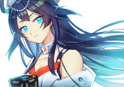 Rule 34 | 1girl, bare shoulders, blue eyes, blue hair, breasts, cleavage, collar, dark blue hair, eyeshadow, hair ornament, long hair, looking at viewer, makeup, otohime (housamo), solo, tokyo houkago summoners, upper body, waku (ayamix), white background