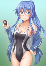Rule 34 | 1girl, anti (untea9), blue eyes, blue hair, competition swimsuit, gotland (kancolle), highres, kantai collection, mole, mole under eye, navel visible through clothes, one-piece swimsuit, solo, stopwatch, swimsuit, tagme, watch