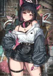 Rule 34 | 1girl, animal ears, bare shoulders, black hair, black jacket, black shorts, blue archive, blush, breasts, cat ears, cenangam, colored inner hair, extra ears, hair ornament, hairclip, halo, highres, jacket, kazusa (blue archive), long sleeves, looking at viewer, medium breasts, multicolored hair, off shoulder, pink hair, red eyes, shirt, short hair, shorts, solo, thighs, white shirt