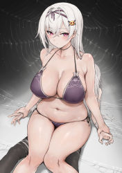 Rule 34 | 1boy, 1girl, bikini, breasts, cleavage, closed mouth, hair ornament, hairclip, haoni, highres, large breasts, long hair, long sleeves, looking at viewer, mole, mole under eye, navel, original, purple bikini, purple eyes, sitting, sitting on person, swimsuit, white hair