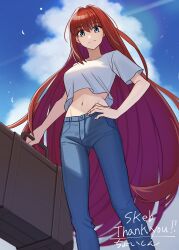 Rule 34 | 1girl, aozaki aoko, blue eyes, blue pants, blue sky, closed mouth, cloud, commentary request, commission, day, denim, fingernails, hair between eyes, hair intakes, hand on own hip, highres, holding, holding suitcase, jeans, long hair, looking at viewer, midriff, mixed-language commentary, navel, outdoors, pants, red hair, shintyoi2, shirt, short sleeves, sidelocks, skeb commission, sky, smile, solo, stomach, suitcase, tsukihime, very long hair