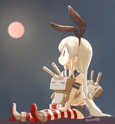 Rule 34 | 10s, 1girl, 2014, blonde hair, dated, elbow gloves, gloves, hairband, jpeg artifacts, kantai collection, long hair, looking away, moon, nagian, red moon, rensouhou-chan, school uniform, serafuku, shimakaze (kancolle), sitting, skirt, solo, striped clothes, striped thighhighs, thighhighs, white gloves, | |