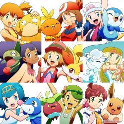 Rule 34 | 6+girls, :d, ;d, absurdres, alolan form, alolan vulpix, apple, arm up, arms up, artist name, axew, bandana, bare arms, beanie, big hair, bitten apple, blonde hair, blue eyes, blue hair, blue ribbon, blue sailor collar, bounsweet, braid, braided ponytail, breasts, brown eyes, brown hair, chloe (pokemon), closed mouth, collarbone, collared shirt, creatures (company), dark-skinned female, dark skin, dawn (pokemon), dress, eating, eevee, eyelashes, fennekin, flat chest, flower, food, food bite, freckles, fruit, game freak, gen 1 pokemon, gen 3 pokemon, gen 4 pokemon, gen 5 pokemon, gen 6 pokemon, gen 7 pokemon, gloves, green eyes, green hair, grey overalls, hair flower, hair ornament, hairband, hairclip, hand up, hat, highres, holding, holding food, holding fruit, holding pokemon, iris (pokemon), kuroki shigewo, lana (pokemon), lillie (pokemon), long hair, looking at viewer, looking to the side, mallow (pokemon), may (pokemon), misty (pokemon), multiple girls, neck ribbon, nintendo, no sclera, one eye closed, open mouth, orange hair, outstretched arms, overalls, pink flower, piplup, pokemon, pokemon (anime), pokemon (classic anime), pokemon (creature), pokemon bw (anime), pokemon dppt (anime), pokemon journeys, pokemon rse (anime), pokemon sm (anime), pokemon xy (anime), popped collar, popplio, psyduck, purple hair, ribbon, sailor collar, scarf, school uniform, serena (pokemon), shirt, short hair, short sleeves, side ponytail, simple background, sleeveless, sleeveless dress, sleeveless shirt, small breasts, smile, split mouth, spread fingers, sun hat, sundress, suspenders, swept bangs, teeth, tongue, torchic, twin braids, twintails, twitter username, two side up, upper body, upper teeth only, vermilion city school uniform, white background, white dress, white headwear, yellow neckwear, yellow shirt