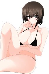Rule 34 | 1girl, absurdres, aikir (jml5160), arm under breasts, bare arms, bare hips, bare legs, bare shoulders, bikini, black bikini, blush, breasts, brown eyes, brown hair, cleavage, closed mouth, collarbone, girls und panzer, hair between eyes, hand on own chin, highres, knee up, large breasts, legs, looking at viewer, micro bikini, nishizumi maho, shiny skin, short hair, simple background, solo, string bikini, swimsuit, thighs, white background