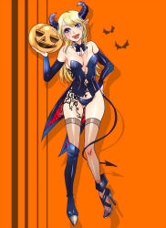Rule 34 | 10s, 1girl, asymmetrical footwear, ayase eli, bad id, bad pixiv id, bare shoulders, black bow, black bowtie, blonde hair, boots, bow, bowtie, breasts, bustier, demon tail, detached collar, detached sleeves, eyeshadow, full body, hair down, halloween, hand on own hip, high heels, horns, jack-o&#039;-lantern, lips, long hair, looking at viewer, love live!, love live! school idol project, makeup, mascara, mikawa miso, mismatched footwear, navel, open mouth, orange background, panties, pointy ears, pumpkin, runny makeup, shoes, single boot, single shoe, smile, solo, standing, strapless, swept bangs, tail, tattoo, thighhighs, underwear