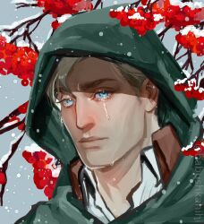 Rule 34 | 1boy, babu (babushkahihi), branch, cloak, crying, crying with eyes open, erwin smith, eyelashes, floral background, green cloak, highres, looking at viewer, male focus, paradis military uniform, portrait, shingeki no kyojin, short hair, solo, tears, thick eyebrows, tree
