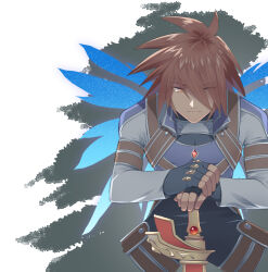 Rule 34 | belt, black gloves, brown eyes, brown hair, closed mouth, fingerless gloves, gloves, glowing, glowing wings, high collar, holding, holding sword, holding weapon, kratos aurion, long hair, male focus, mi be35 (mirin), multiple wings, official alternate costume, spiked hair, sword, tales of (series), tales of symphonia, weapon, wings