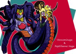 Rule 34 | 2girls, breasts, duel monster, extra eyes, female focus, highres, jewelry, multiple girls, necklace, red eyes, reptilianne naga, snake, snake arms, snake hair, snake tail, tail, tongue, vennominaga the deity of poisonous snakes, yu-gi-oh!, yu-gi-oh! gx