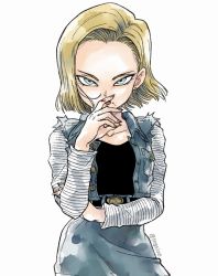 Rule 34 | 1girl, android 18, belt, black belt, black outline, black shirt, blonde hair, blood, blood on face, blood on hands, blue eyes, collarbone, cowboy shot, denim, denim skirt, dragon ball, dragonball z, earrings, expressionless, eyelashes, licking finger, finger to mouth, fingernails, floating hair, hand on own arm, hand to own mouth, hand up, highres, hoop earrings, jewelry, licking, looking at viewer, medium hair, outline, raglan sleeves, sharp fingernails, shirt, shirt tucked in, simple background, skirt, solo, straight hair, tkgsize, tongue, tongue out, tsurime, twitter username, waistcoat, white background