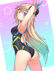 Rule 34 | 1girl, aqua hair, ass, bare shoulders, blonde hair, blue eyes, blush, breasts, competition swimsuit, cougar (cougar1404), from behind, gradient hair, hair ornament, long hair, looking at viewer, medium breasts, multicolored hair, one-piece swimsuit, shiny clothes, shiny skin, sideboob, solo, swimsuit, very long hair, wedgie