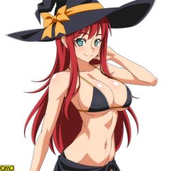 Rule 34 | 1girl, bad id, bad pixiv id, bare arms, bare shoulders, bikini, bikini top only, black bikini, black hat, blush, bow, breasts, cleavage, closed mouth, collarbone, green eyes, hand in own hair, hat, hat bow, large breasts, long hair, looking at viewer, navel, omc, orange bow, ra-pen, red hair, sarong, sidelocks, simple background, smile, solo, stomach, strap gap, swimsuit, transparent background, upper body, very long hair, white background, witch hat