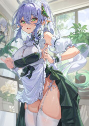 Rule 34 | 1girl, aged up, alternate costume, apron, arm cuffs, bare shoulders, blush, breasts, brooch, catsmoon, cleavage, colored tips, cowboy shot, cross-shaped pupils, detached sleeves, dress, earrings, enmaided, floating hair, frilled apron, frilled cuffs, frilled hairband, frilled sleeves, frills, garter straps, gem, genshin impact, green dress, green eyes, green gemstone, green hair, groin, hair between eyes, hair ornament, hairband, highres, holding, indoors, jewelry, large breasts, long hair, looking at viewer, maid, maid apron, maid headdress, multicolored hair, nahida (genshin impact), open mouth, painting (object), panties, picture frame, plant, pointy ears, potted plant, puffy short sleeves, puffy sleeves, raised eyebrows, short sleeves, side-tie panties, sideboob, signature, sleeveless, sleeveless dress, solo, strap pull, string panties, symbol-shaped pupils, thighhighs, thighs, two-tone hair, underwear, untied panties, very long hair, wavy mouth, white apron, white garter straps, white sleeves, white thighhighs, window