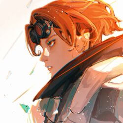 Rule 34 | 1girl, animification, apex legends, chromatic aberration, floating hair, goggles, goggles on head, highres, horizon (apex legends), looking ahead, orange eyes, orange hair, parted lips, short hair, solo, spacesuit, white background, ya ya (jiling651)